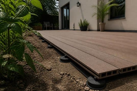 Poser une terrasse composite sur terre : guide complet 2026 Poser une terrasse composite sur terre : guide complet 2026
