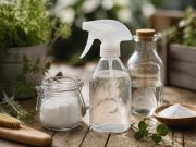 Désherbant naturel bicarbonate et vinaigre : dosages et recettes Spray de désherbant naturel maison posé sur une allée dallée envahie de mauvaises herbes, à côté d'un flacon de vinaigre blanc et d'un pot de bicarbonate de soude