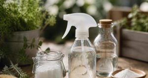 Désherbant naturel bicarbonate et vinaigre : dosages et recettes Spray de désherbant naturel maison posé sur une allée dallée envahie de mauvaises herbes, à côté d'un flacon de vinaigre blanc et d'un pot de bicarbonate de soude