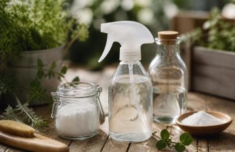 Désherbant naturel bicarbonate et vinaigre : dosages et recettes Spray de désherbant naturel maison posé sur une allée dallée envahie de mauvaises herbes, à côté d'un flacon de vinaigre blanc et d'un pot de bicarbonate de soude