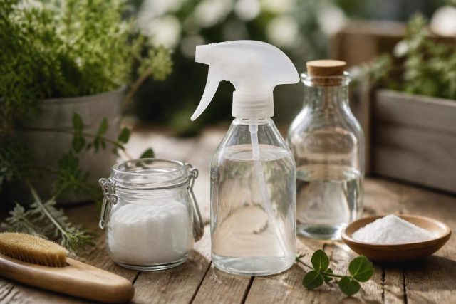 Désherbant naturel bicarbonate et vinaigre : dosages et recettes Spray de désherbant naturel maison posé sur une allée dallée envahie de mauvaises herbes, à côté d'un flacon de vinaigre blanc et d'un pot de bicarbonate de soude