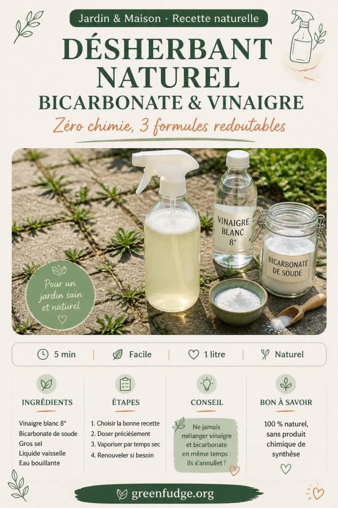 Désherbant naturel maison au vinaigre blanc et bicarbonate de soude sur allée dallée